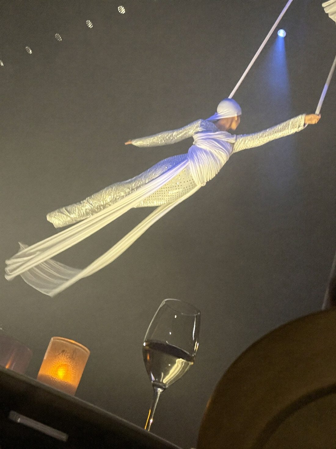 Aerial acrobat above a gala dinner