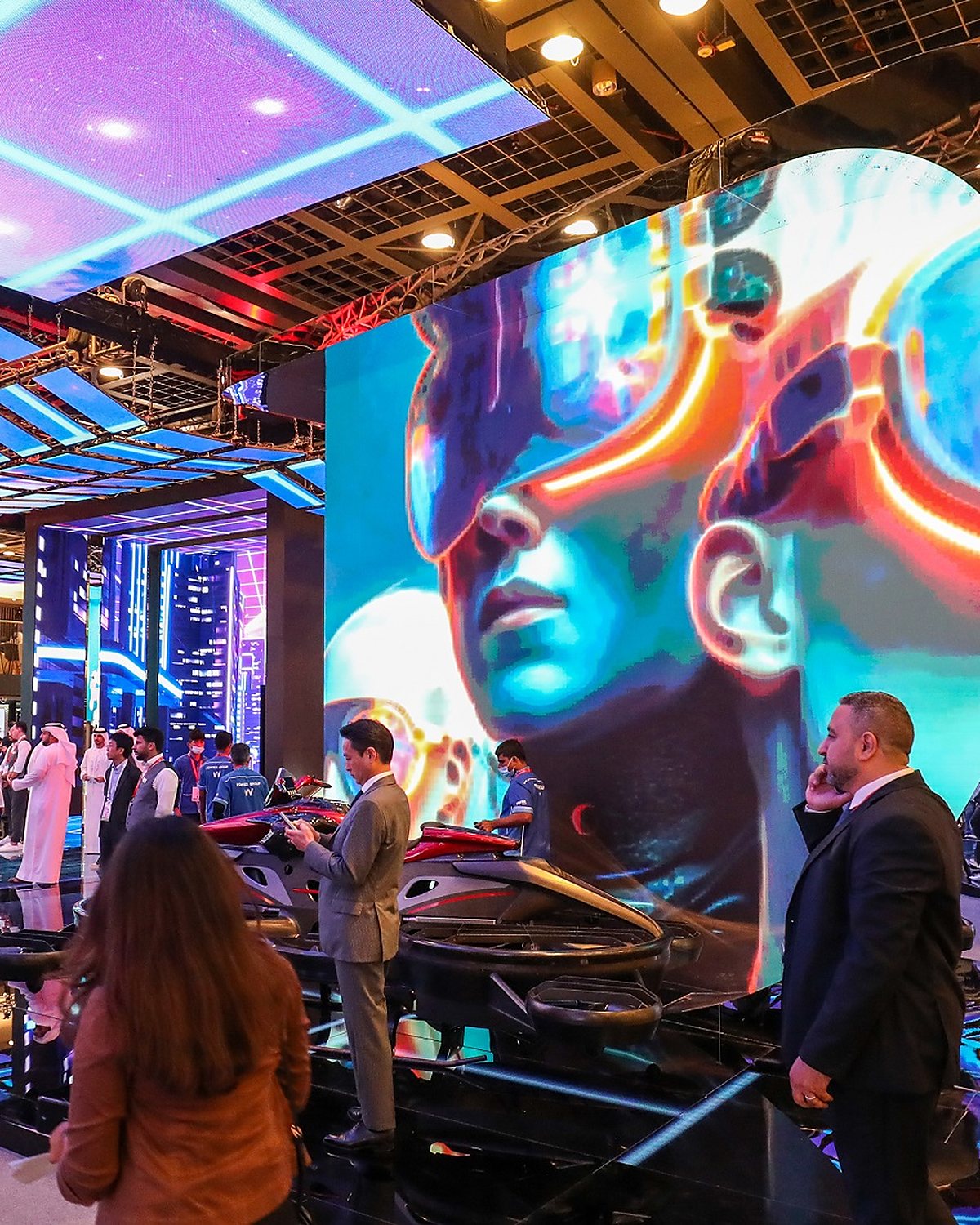 Crowds at an immersive LED exhibition stand at a Dubai tech show
